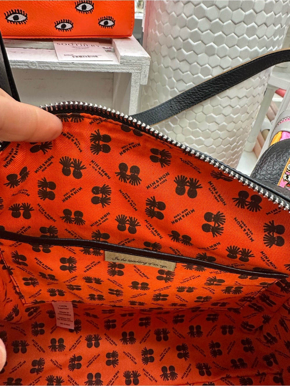 Min & Mon Esther Black Satchel Leather Bag with Multicolor Tiger Print - Picture 5 of 8